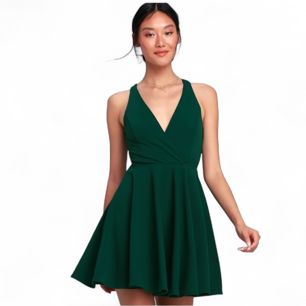 Lulus Wonder Whirl Dark Green Twist Back Skater Dress